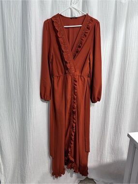 Rust Ruffle-Trim Long Sleeve Faux Wrap Dress